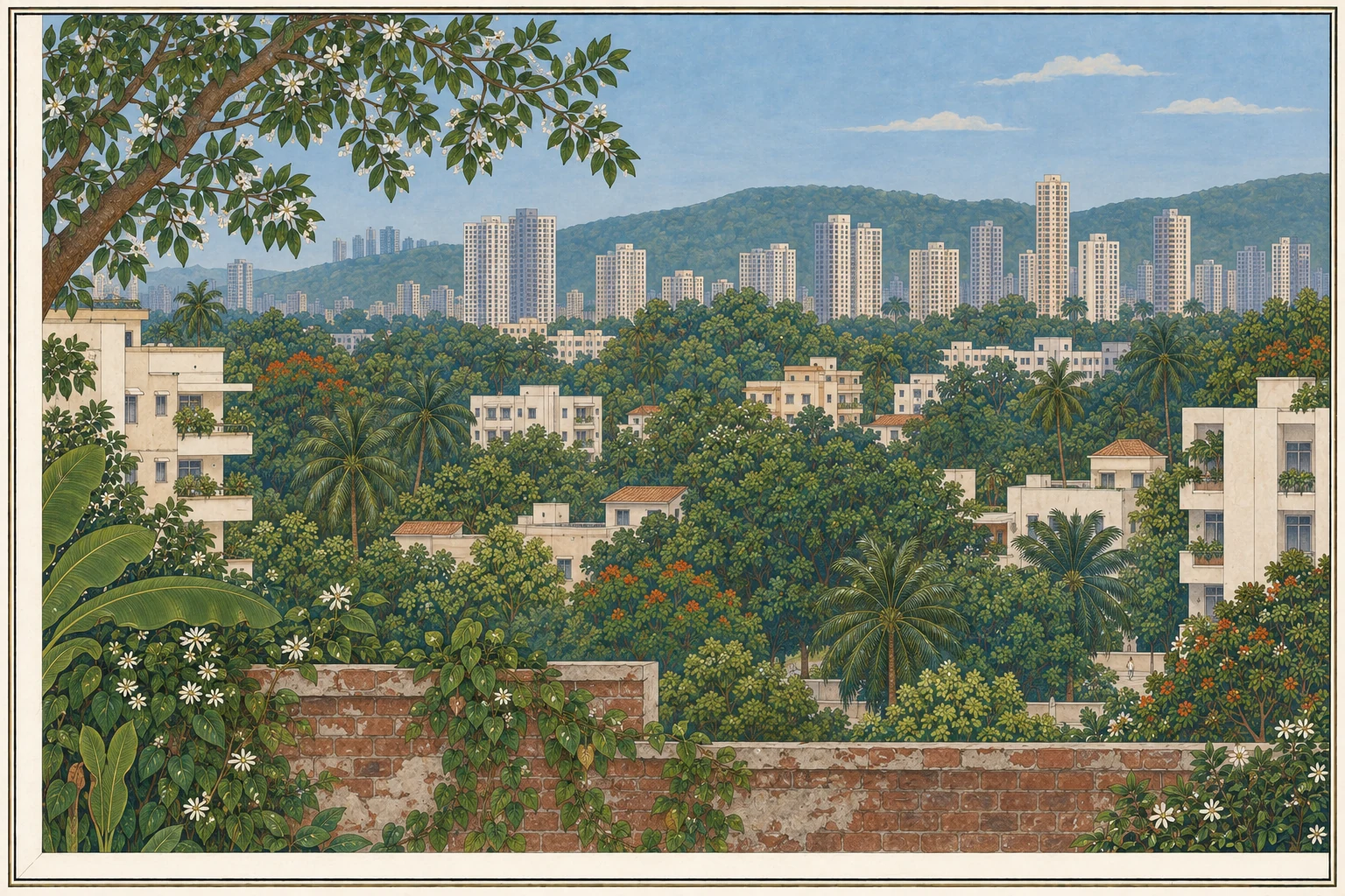 Indian miniature painting inspired by Kanjur West: a city in layers.